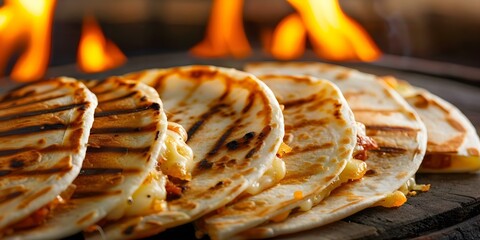 Canvas Print - Authentic Mexican Street Food Grilled Quesadillas with Melting Cheese over Open Flame. Concept Mexican Cuisine, Grilled Quesadillas, Street Food, Cheese Melting, Open Flame Cooked