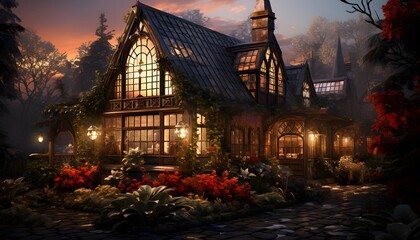 Wall Mural - Digital painting of a house with a garden in the background at dusk
