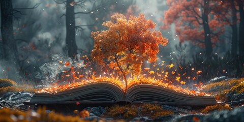 Wall Mural - Autumn Tree Sprouting from an Open Book in a Mystical Forest