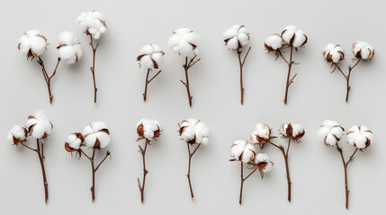 Different cotton flowers on light gray background flat lay Delicate white fluffy cotton Collection of cotton plants Composition of flowers for design template : Generative AI