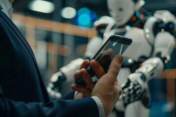 Poster - Businessman Interacting With a Chatbot on His Smartphone in a Futuristic Setting