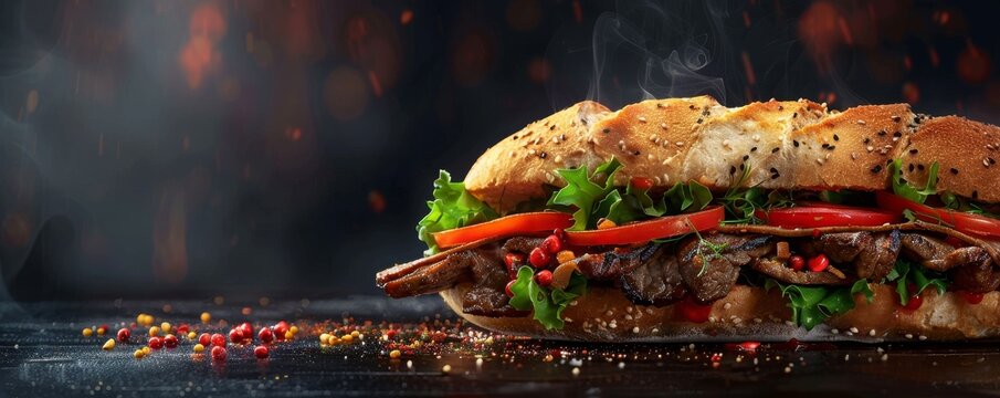 Delicious grilled Turkish or beef meat sandwich boasting a medley of soaring ingredients and spices served hot and ready to savor. Commercial advertisement menu banner, dark background
