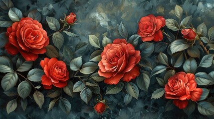 Seamless Pattern of Red and White Roses Painted on a Blue Textured Wall Background