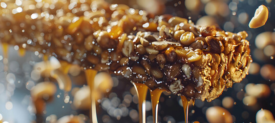 Wall Mural - Close-up of fast food nut bars showcasing detailed textures of the crunchy nuts and sticky honey