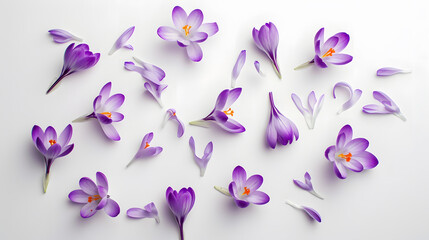 Poster - Violet crocuses on a white background Spring flowers Top view flat lay : Generative AI