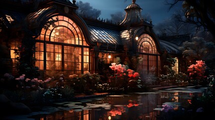Wall Mural - A panoramic view of a greenhouse in the city at night