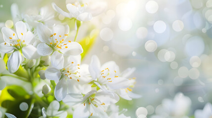 Wall Mural - Abstract spring seasonal background with white flowers natural easter floral image with copy space : Generative AI