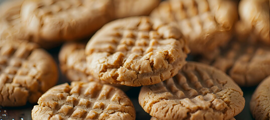 Wall Mural - Close-up of fast food peanut butter cookies showcasing detailed textures of the crispy edges and soft centers