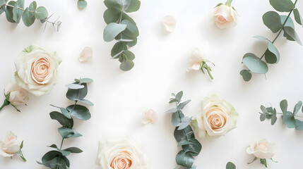 Poster - Flowers composition Rose flowers and eucalyptus branches on white background Flat lay top view copy space : Generative AI