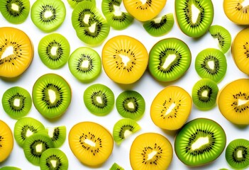 Wall Mural - artistic arrangement sliced kiwi fruit fresh exotic tropical dessert display, plate, green, healthy, organic, juicy, delicious, refreshing, vibrant, colorful