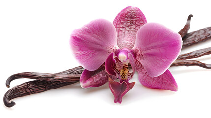 Poster - Vanilla pods and orchid flower isolated on white background Vanilla sticks closeup : Generative AI
