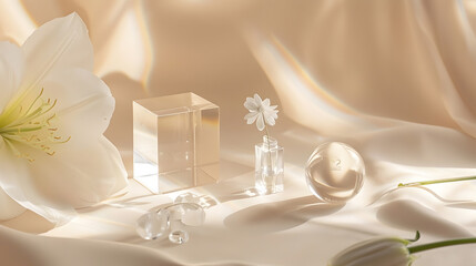 Poster - Skincare and cosmetic product showcase stand photography for online marketing include crystal ball and crystal cube stand on beige background with white flower : Generative AI