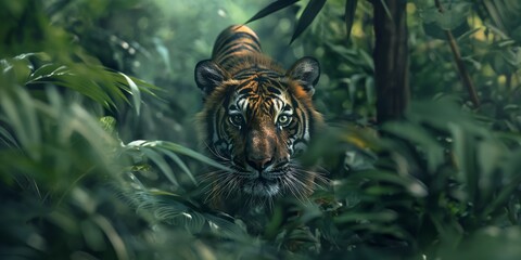 Wall Mural - tiger in the pond, Hunting Tiger in Dense Jungle A fierce tiger stalking through the dense jungle, captured in a full-body shot, showcasing its powerful physique and stealthy movement. 