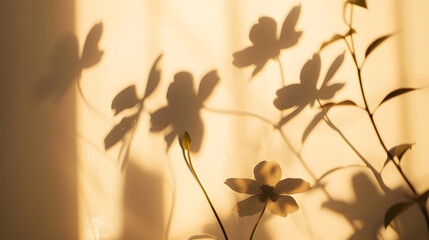 Wall Mural - Natural flower shadows are blurred on light brown and cream color wall at home at sunrise : Generative AI