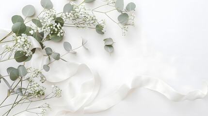 Poster - Styled stock photo Feminine wedding desktop mockup with babys breath Gypsophila flowers dry green eucalyptus leaves satin ribbon and white background Empty space Top view Picture for b : Generative AI