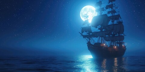 Wall Mural - A large sailboat sailing through calm waters under the stars and moonlight