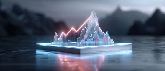 Wall Mural - Futuristic data visualization with a 3D glowing pyramid chart on a reflective surface and mountains in the background.