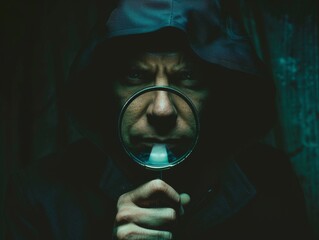 Wall Mural - Medium shot of detective man holding a magnifying glass, themed background, 