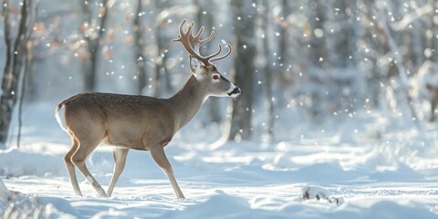 Wall Mural - deer in the snow, Prancing Deer in Winter Snow A graceful deer prancing through the winter snow, captured in a full-body shot, highlighting its elegance against a snowy backdrop.