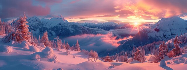 Wall Mural - Snowy Mountain Range at Sunset