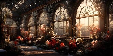 Wall Mural - A panoramic shot of a greenhouse with large windows and flowers
