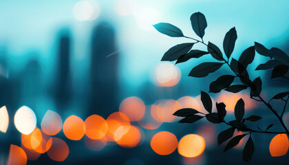 Wall Mural - A leafy branch is shown in a blurry background with a city in the distance