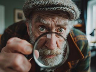 Wall Mural - Medium shot of detective man holding a magnifying glass, themed background, 