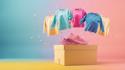 colorful gift box with colorful clothes flying out of it