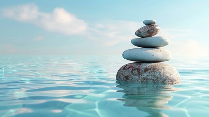 Stacked Stones in Tranquil Blue Water Under a Sunny Sky