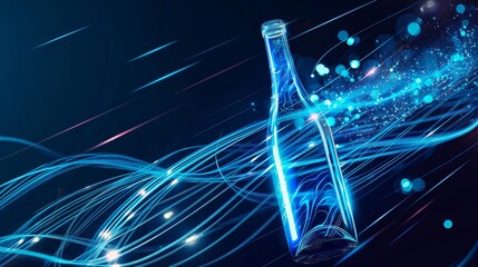 Wall Mural - A glowing bottle floats amidst dynamic, swirling blue light trails and sparkling particles on a dark background.