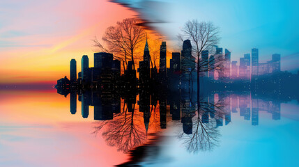 A city skyline is reflected in the water, with the sun setting in the background
