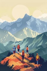 a painting of people walking on a mountain