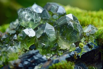 Poster - Translucent Green Demantoid Crystals on a Mossy Surface