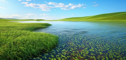 A sophisticated 3D rendering of a green grassland with lakes, highlighting the vibrant grass, clear waters, and the gentle, rolling landscape under a blue sky.