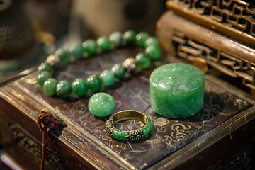 Aufkleber - Jade Ring, Bracelet, and Stone on Intricately Carved Wooden Box in Ancient China
