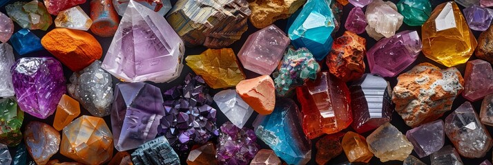 Poster - Collection of various colorful precious minerals on a black surface
