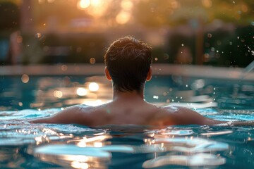 a man in the pool at sunset