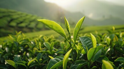 Fresh tea shoots with rolling hills in the background