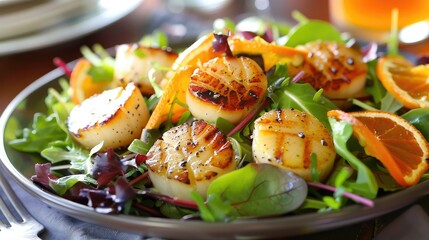 Wall Mural - Gourmet seafood salad with grilled scallops, mixed greens, and a citrus vinaigrette dressing