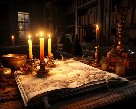 Old book in a dark room with candles and candlesticks.