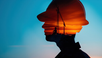 Wall Mural - A silhouette of a construction worker wearing a hard hat and a helmet