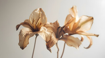 Poster - Withered lily flower close up Beautiful dried flowers against light background : Generative AI