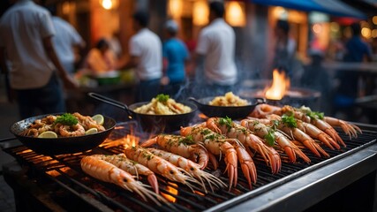 Wall Mural - Close up a grilling of seafood over an open flame with the background shows a blurred street with people enjoying the food. Ai Generative.