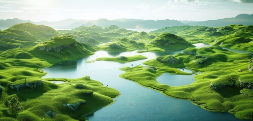 Wall Mural - A stunning 3D rendering of a green grassland dotted with tranquil lakes, featuring vibrant green hues, detailed water surfaces, and a bright, clear sky.