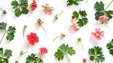 Poster - Geranium flowers and leaves isolated on white background Pelargonium plants collection and banner Summer garden concept Flat lay top view Design element : Generative AI