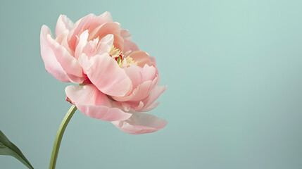 Poster - Soft pink peony flower isolated on light green background : Generative AI