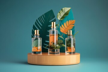 Wall Mural - Three Perfumes Bottles with Tropical Leaves