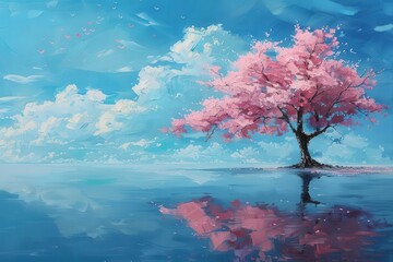 Wall Mural - serene pink tree in tranquil body of water vivid blue sky surreal landscape painting