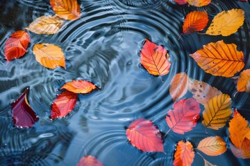 Wall Mural - A clear stream with colorful autumn leaves floating on its surface, representing the natural progression and flow of ideas. 