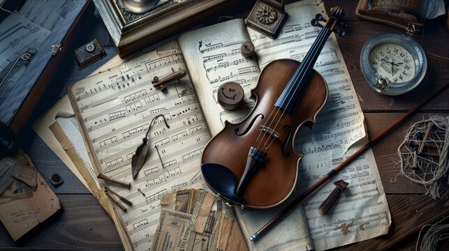 An elegant violin resting on vintage sheet music, surrounded by pocket watches and aged documents, capturing a nostalgic, timeless ambiance.